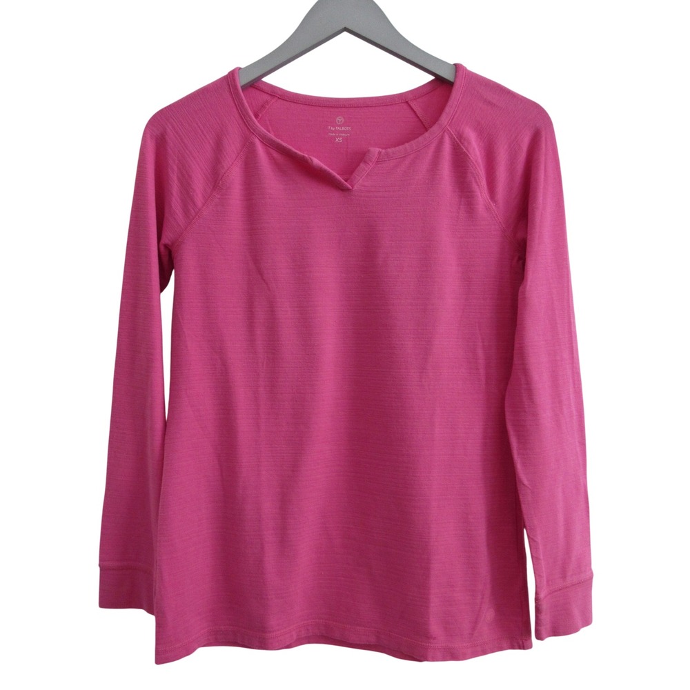 T by Talbots Pink Slub Knit Long Sleeve Split Neck Top Womens‎ XS Raglan Sleeve